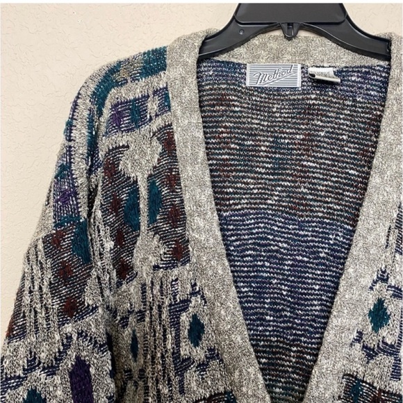 Vintage Cardigan Sweater Unisex Method Taupe Print Chunky Grandpa Size Large - Picture 6 of 10